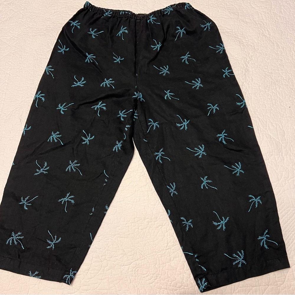 Dress Barn Women’s Black Green Embroidered Palm Tree Linen Ankle Pants Sz 18w